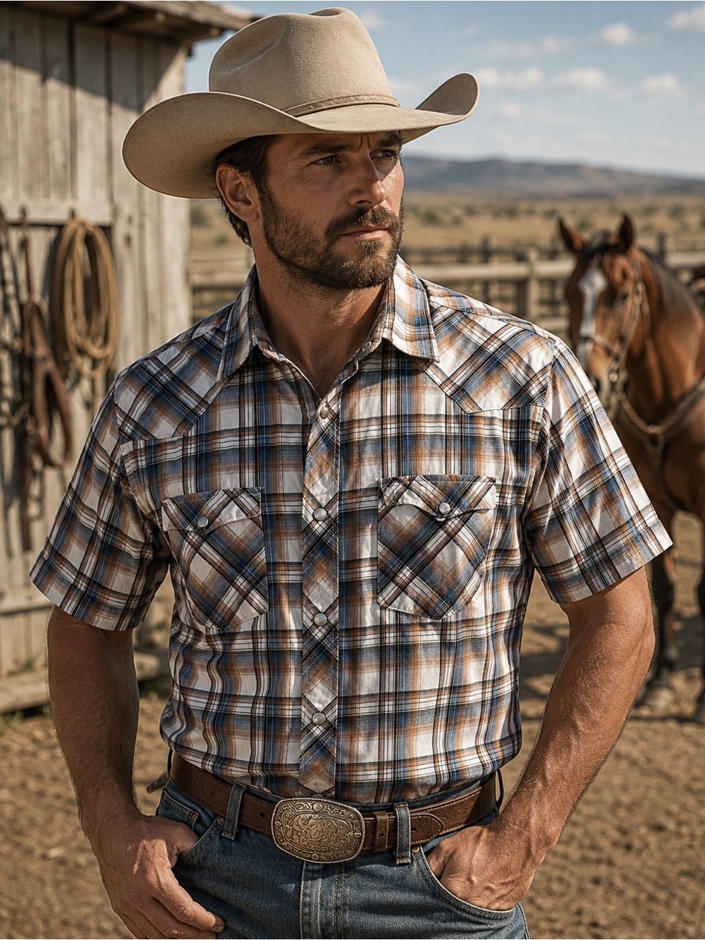 Bullhead Western Pearl Snap Shirt Mens M Plaid Gold Metallic Thread Cowboy Rodeo
